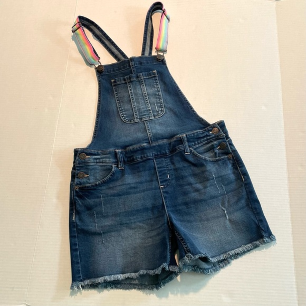 Justice Blue Denim Shortalls Multicolor straps Big Girl Size 18/ Fit Women’s S/M
